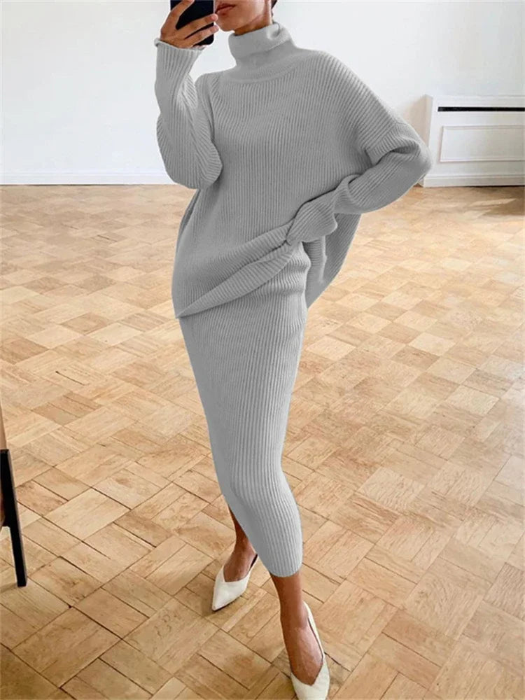 new Ribbed Knit 2 Piece Dress Set Outfits Ladies Knitwear Top And Midi Skirt Sets For Women Casual Winter Sweater Sets GRAY