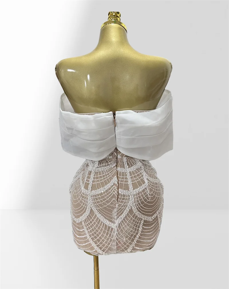 2025 Luxury Pearl Beading White Sequins Sexy Off The Shoulder White Mini Dress Woman Wedding Party Vestido Birthday Party Outfit