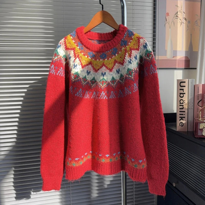 Autumn Winter New Fashion Christmas Red Sweater For Women Loose Lazy Style Contrast Color Knitted Pullover 11A07873 Red One Size