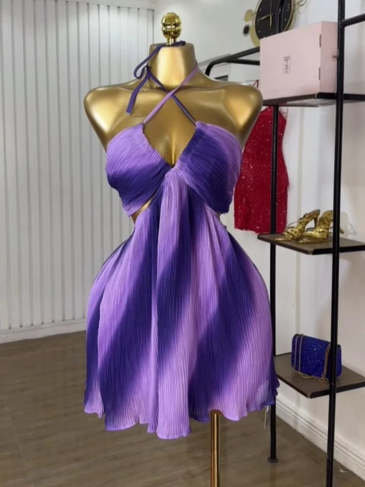 CM.YAYA Women Sleeveless Strap Gradient Printed Big Swing Dress 2025 Beach Holiday Evening Night Party Vestidos Sexy Dresses