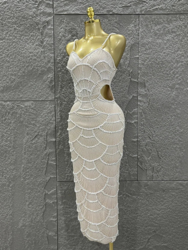 Hot Sale Women Sleeveless Sexy Strap Pearl Beading Bodycon Long Dress Celebrate Evening Party Birthday Cocktail Outfit