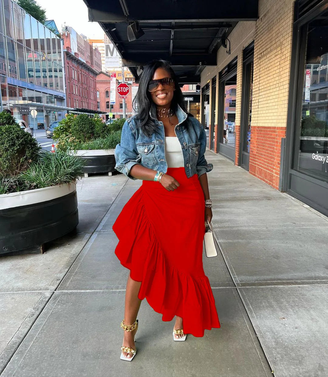 Women Ruffles Hem Asymmetrical High Waist Maxi Long Skirt 2022 Autumn Winter Streetwear INS Fashion Skirts Red