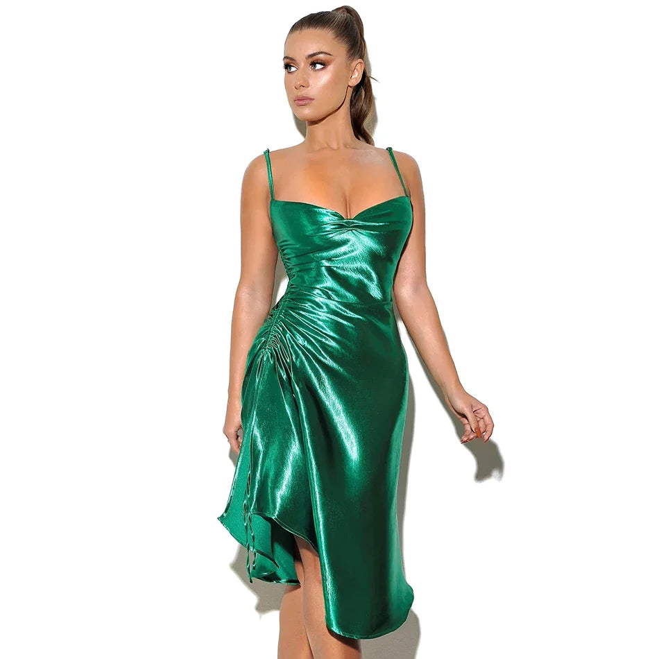 Ailigou Green Gold Satin Sling Midi Summer Sexy Halter Female Asymmetric Pleated Dress Female Elegant Christmas Party Vestidos green