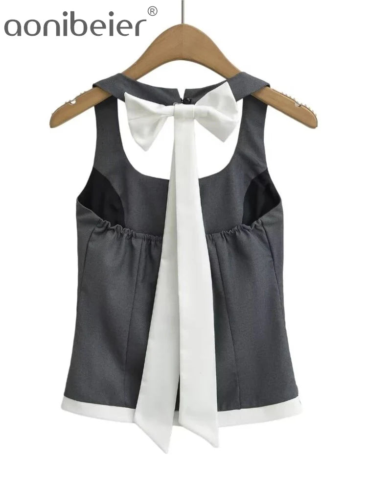 Aonibeier Bow Patchwork Women Halter Crop Top Suits Traf Summer Low Collar Slim Sleeveless Female Tanks Mini Skirt Sets Y2K
