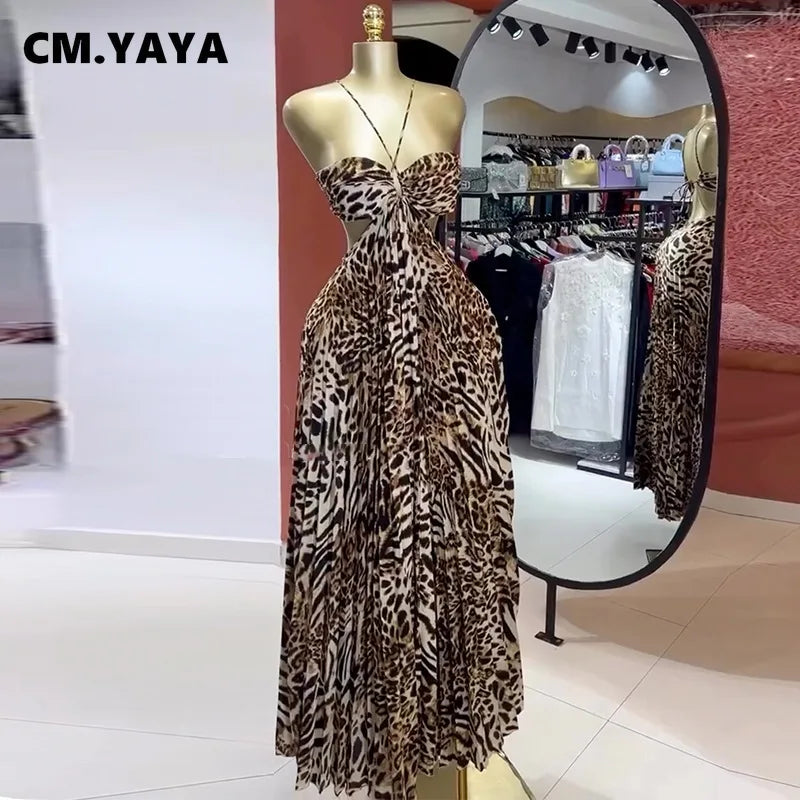 Elegant Women Leopard Print Sleeveless Strapless Floor-Length Long Dress 2025 Beach Party Birthday Sexy Pleated Dresses