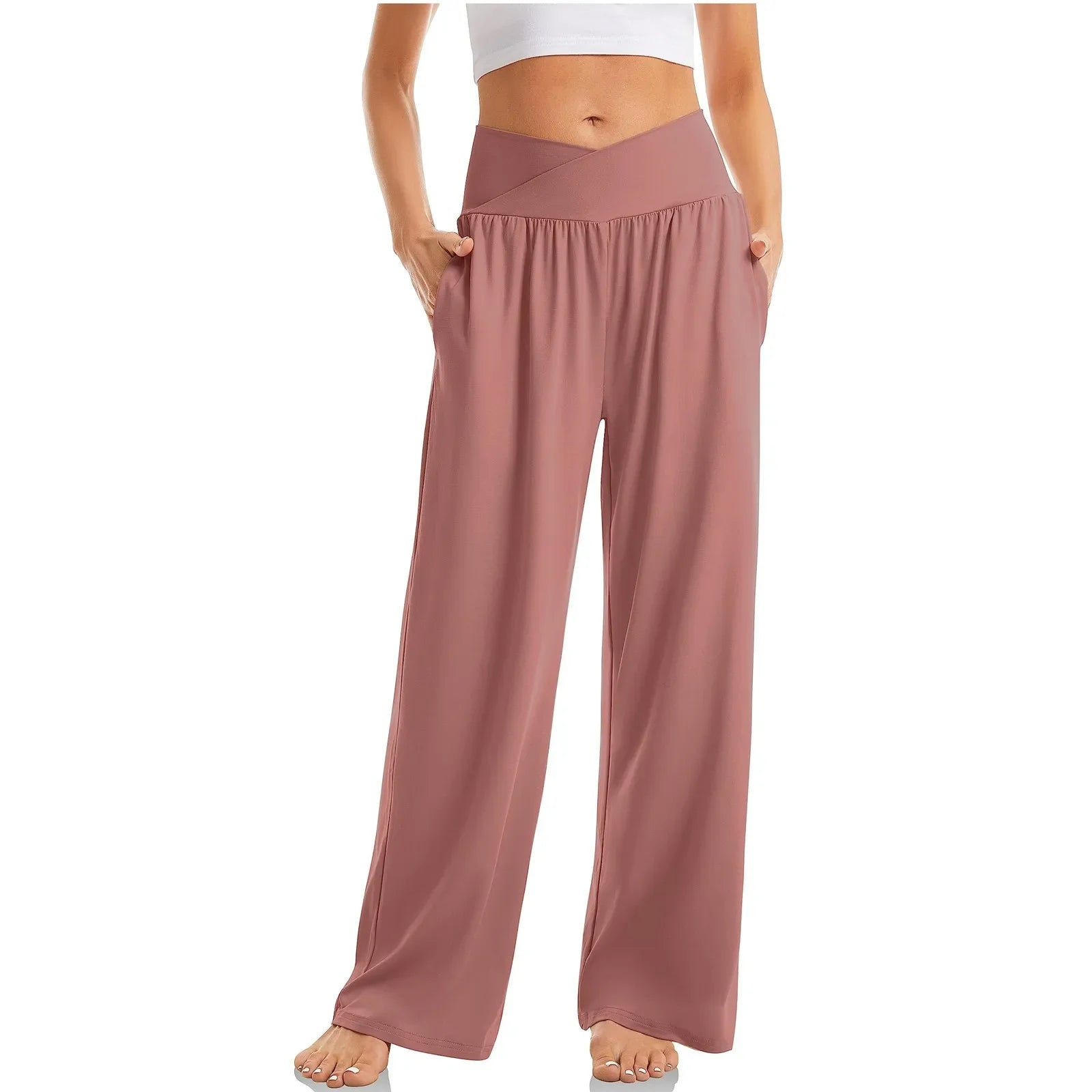 Women's High Waist Solid Color Casual Trousers Wide Leg Sports Pants With Pockets Pink