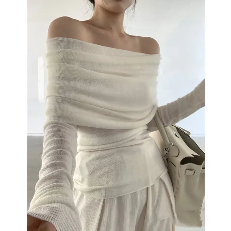 Women Off Shoulder Slash Neck Sweater Long Sleeve Knitwear Solid Thin Pullovers Office Lady Elegant Tops Women Fall Winter WHITE One Size