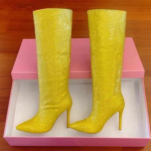 Rhinestone Women's High Boots Pointed Toe Slip-on Long Boots Women Boots High Heels Sexy Stiletto Ladies Party Shoes 2024 New yellow