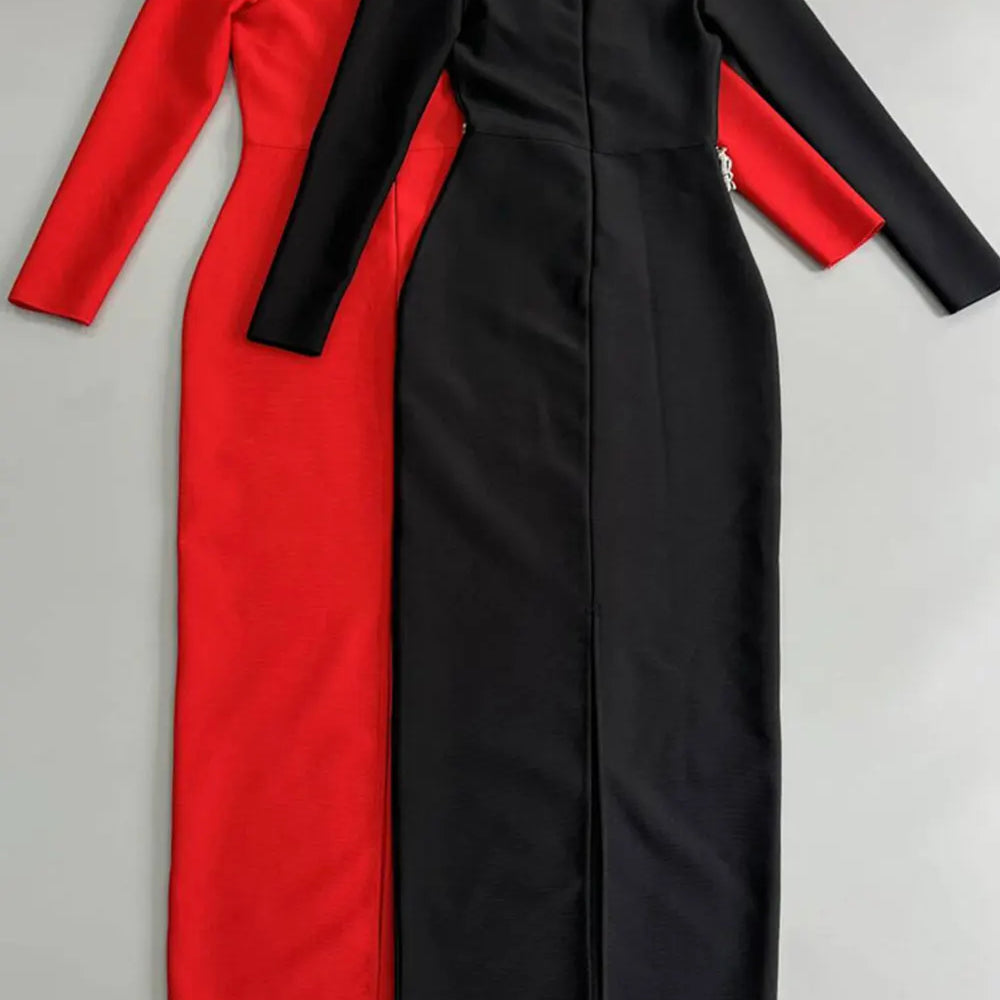 2024 Elegant Women Dress Light Luxury Diamond Design Bandage Dress Square Neck Long Sleeve Bodycon Christmas Red Dress Vestidos