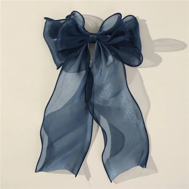 Sweet Chiffon Bow Hair Clips Girls Blue Shining Satin Bowknot Hair Clips Ribbon Bow Barrette Hairpin Grip Ponytail Clip Headwear navy blue