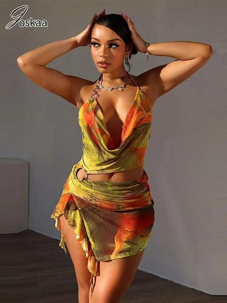 Joskaa Colorful Print Mesh Cutout Irregular Dress Women Hipster Sexy Halter Backless Split Slim Mini Dresses Holiday Wear