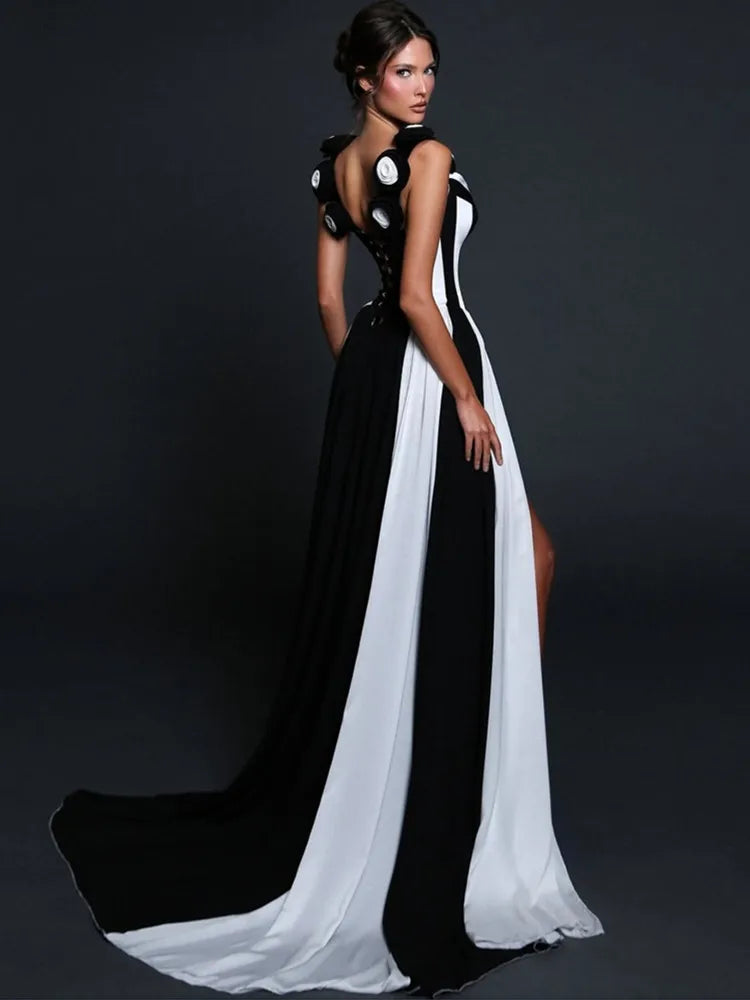 Women Celebrity Sexy V Neck Flower Black White Striped Maxi Long Bodycon Bandage Dress 2025 Elegant Evening Club Party Outfit