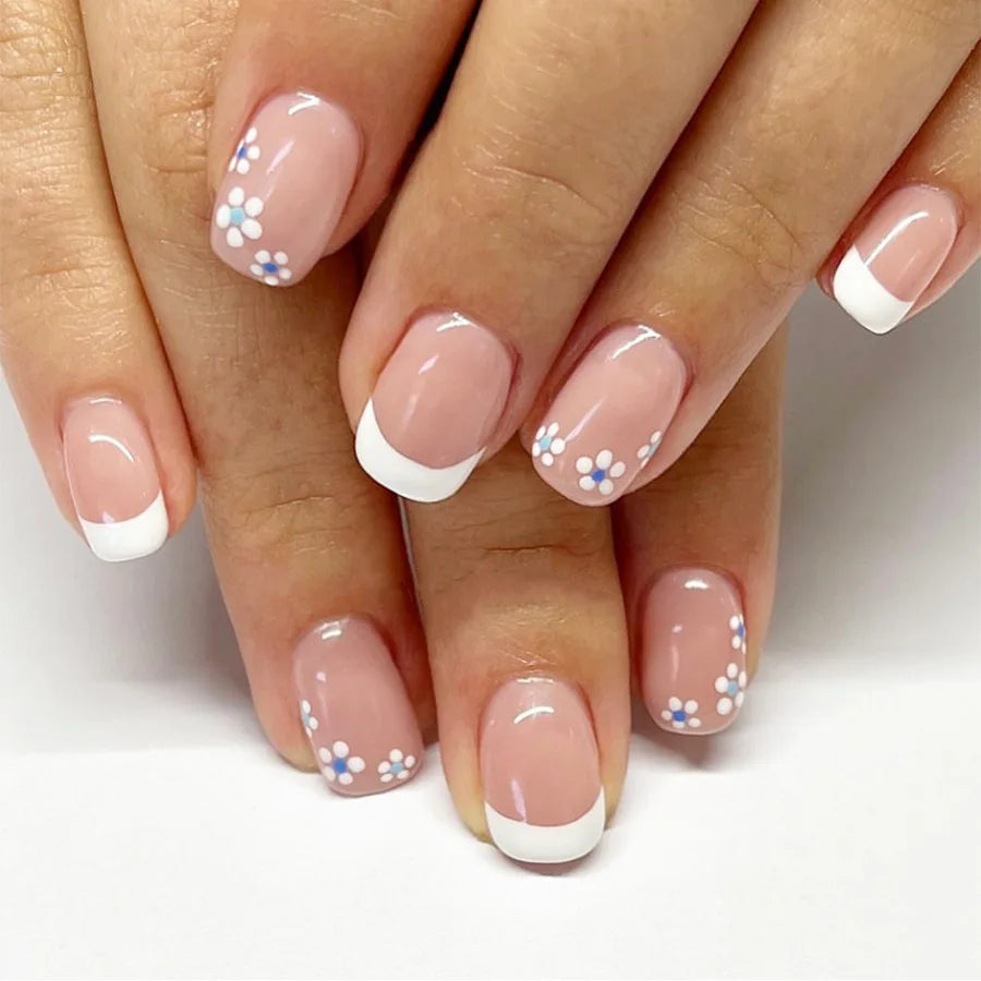 24Pcs Short Pink Fake Nail with Flowers Gold Foil Design Square French Ballet False Nails Wearable Finished Press on Nails Tools 6