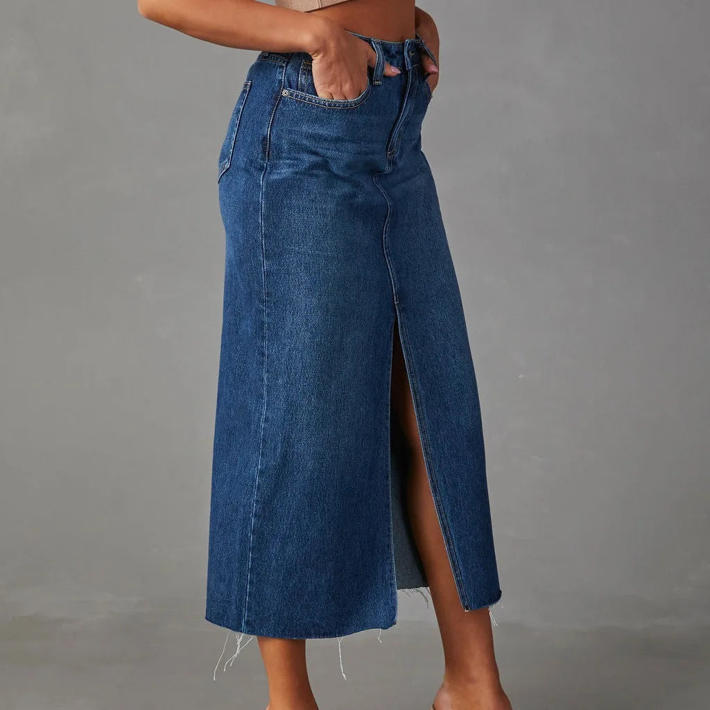 Vintage Y2k Blue Skirt Pocket Jeans Tassel Maxi Spring Autumn Slit Stretch Denim Club E-girl Streetwear Skirts Maxi Long Skirt