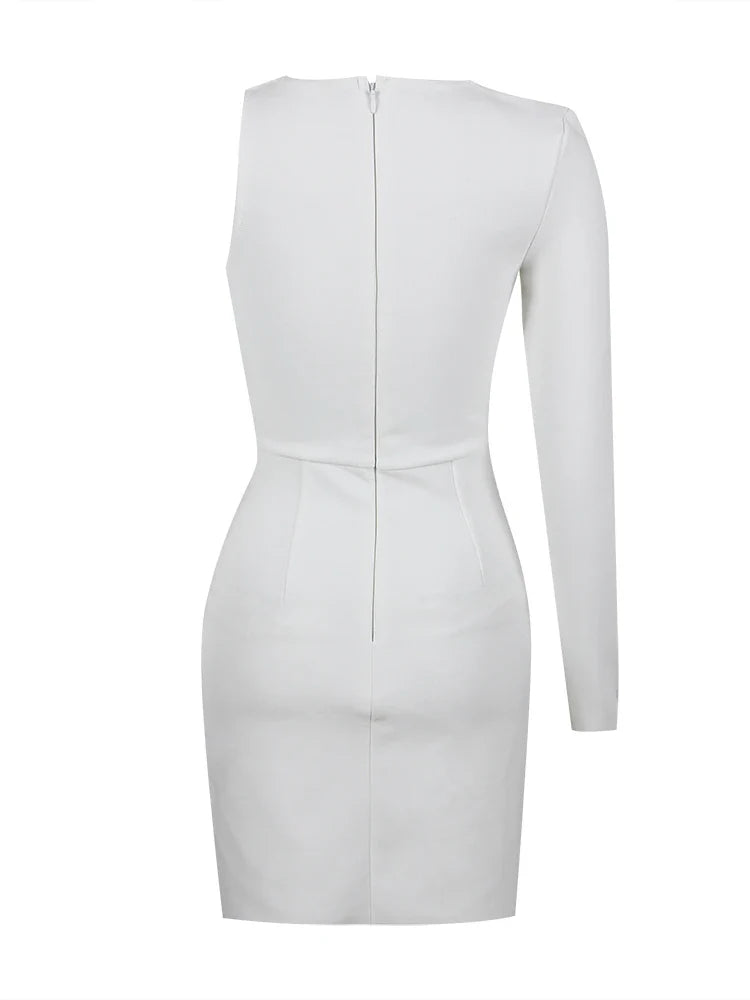 BEVENCCEL Women's New One Shoulder Long Sleeve Mesh Patch Diamond Bandage Dress Elegant Sexy Club Evening Party Mini Dress