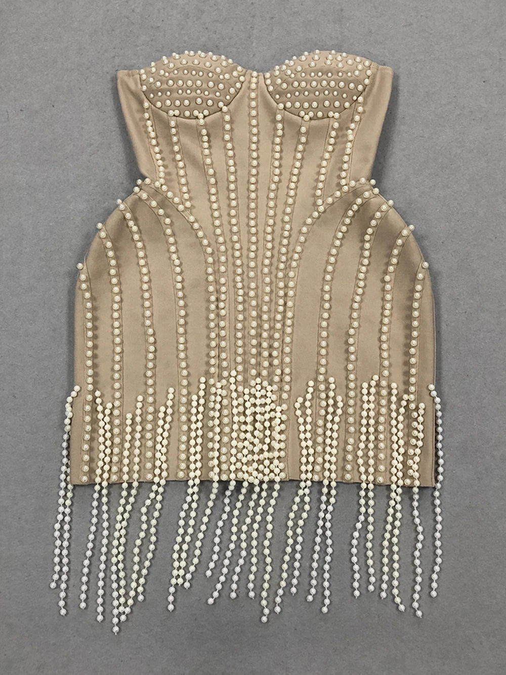 Ladies Luxury Bead Tassels Strapless Backless Design Celebrity Party Club Khaki Sleeveless Sexy Mini Bandage Dress 2025 New