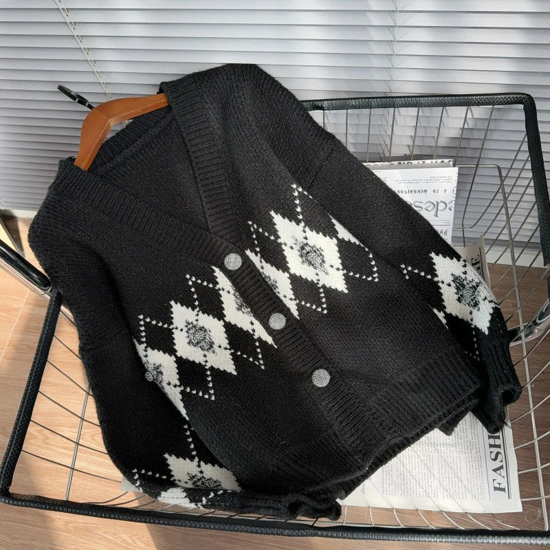 Winter Fashion Contrast Color Jacquard V-Neck Knitted Cardigan For Women Loose Lazy Style Soft Sweater Coat 11A07544