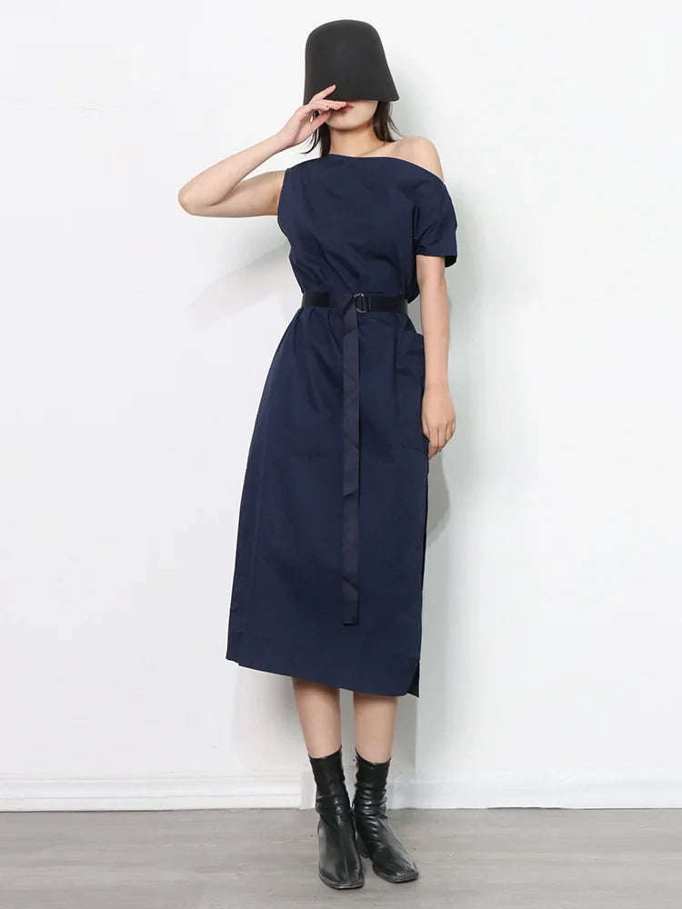 Asymmetrical Sashes Dress For Women Slash Neck Short Sleeve High Waist Casual Dresses Female Fashion New Clothing navyBlue One Size