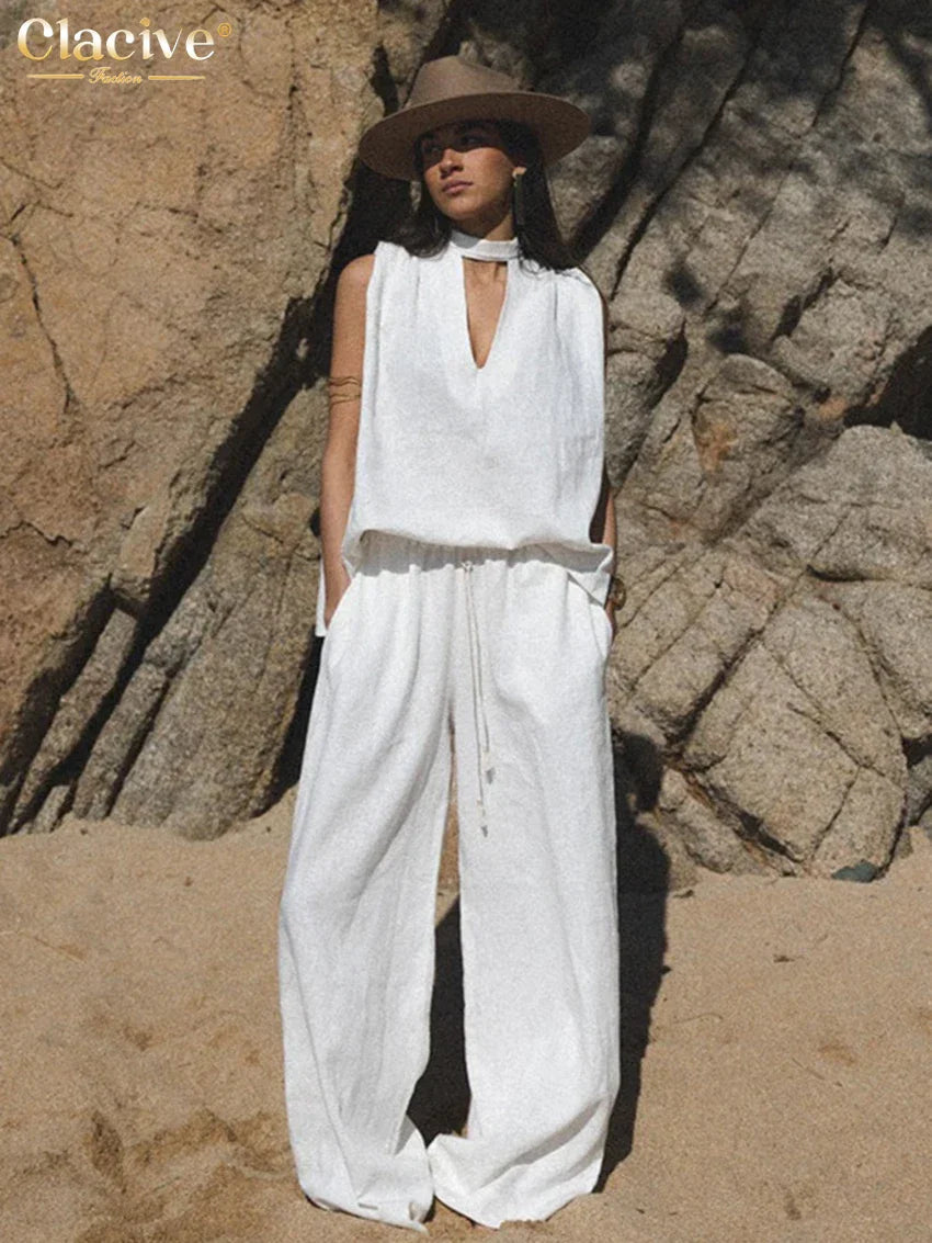 Clacive Fashion Loose White Cotton Trousers Sets For Women 2 Pieces Elegant Sleeveless Tank Top With High Waist Wide Pants Set WHITE
