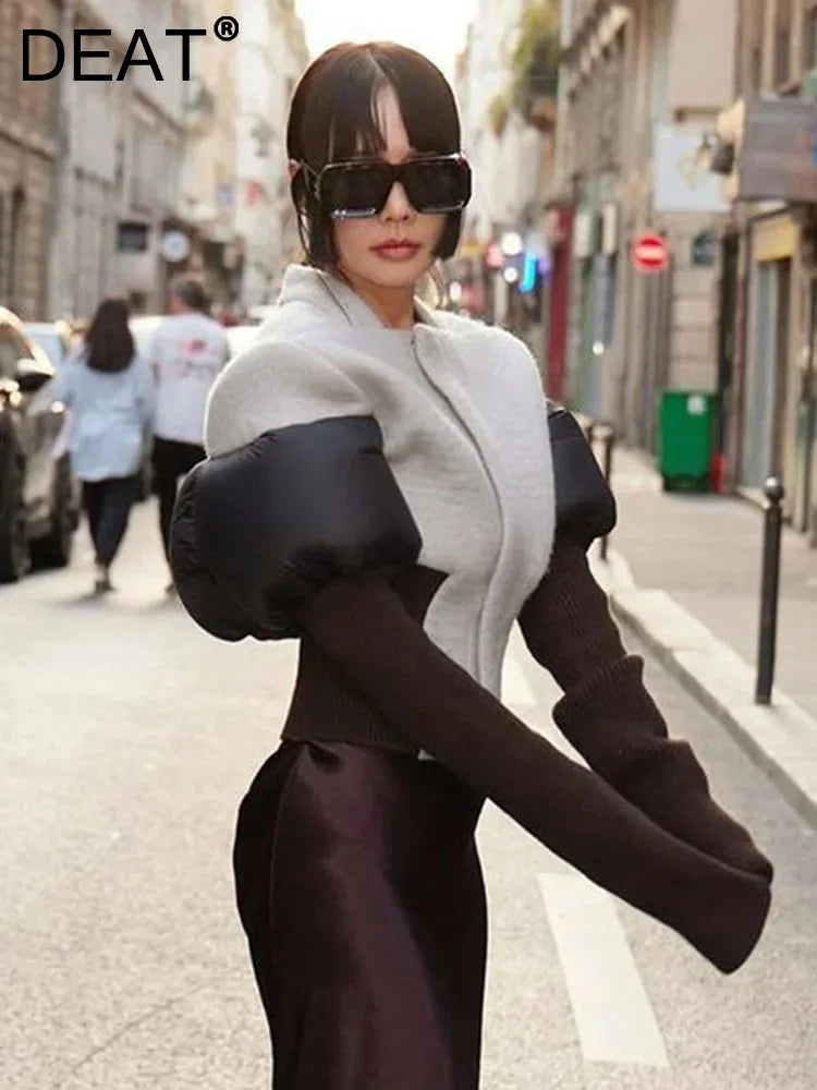 DEAT Fashion Women's Color Block Jackets Long Sleeve Zipper Collarless Slim Short Patchwork Short Coat Spring New 7AB3106