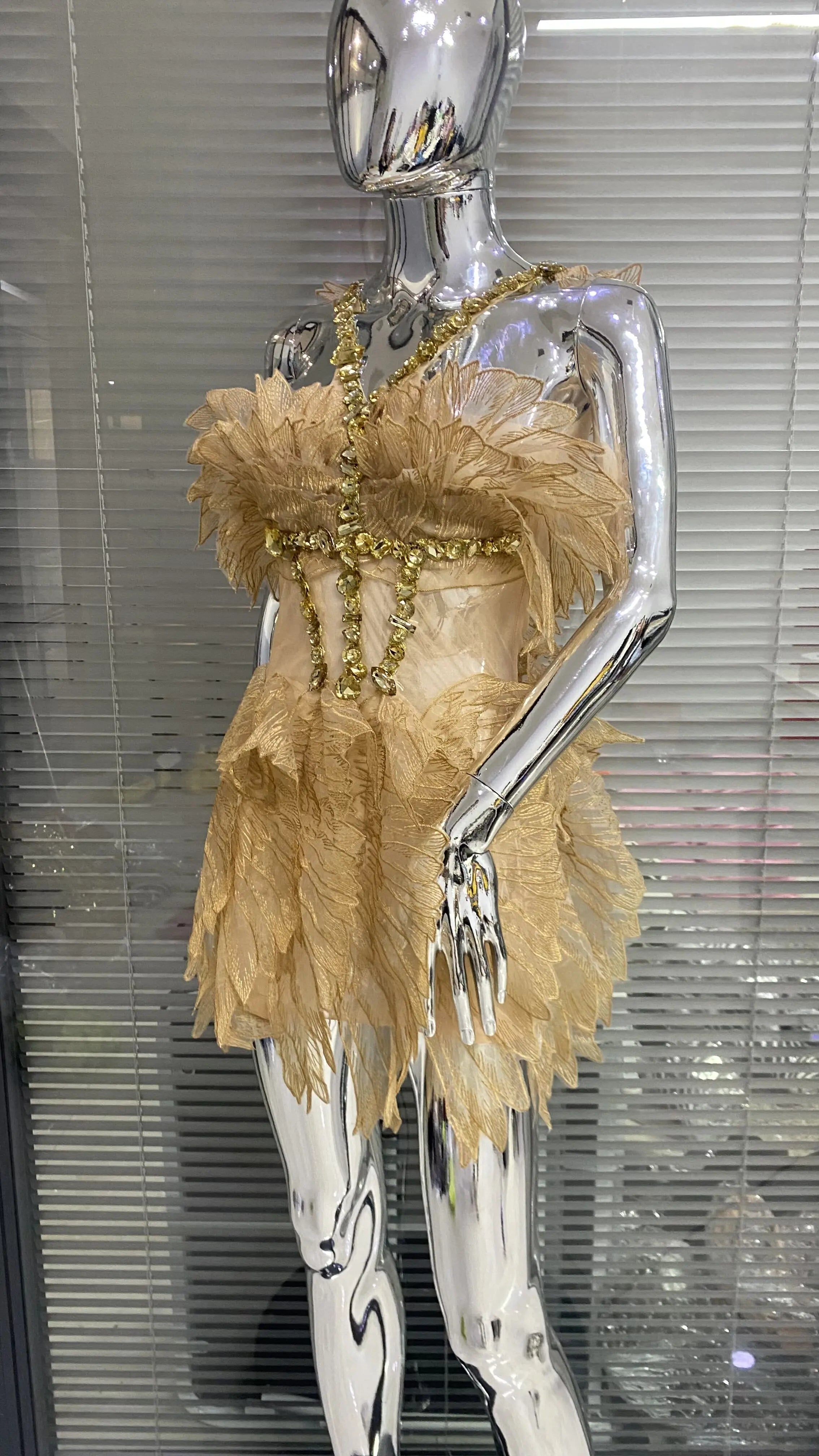 Gold Color Women Sexy Halter Crystal Bodycon Mini Dress Celebrate Birthday Party Girls' Nightclub Bar SInger Dress