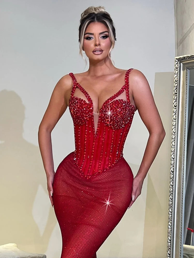 Enchanting Sparkling Red Mermaid Sequins Strappy Sleeveless Dress Party Evening Gown