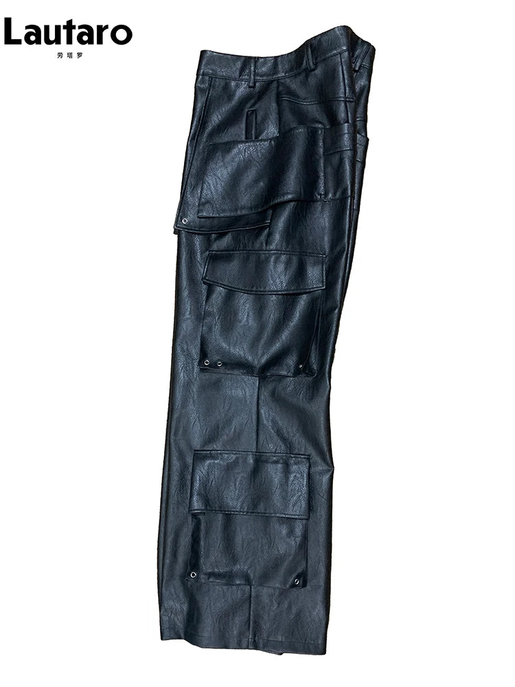 Mauroicardi Autumn Baggy Black Faux Leather Wide Leg Cargo Pants Men with Many Pockets Luxury Mens Designer European Clothing