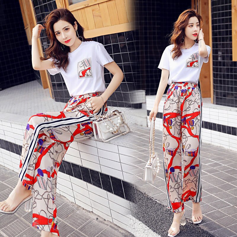 Women Two Piece Outfits Summer New In Korean Style Short Sleeve Fashion Wide Leg Pants Set Casual Couture Fall Suit Female B Style