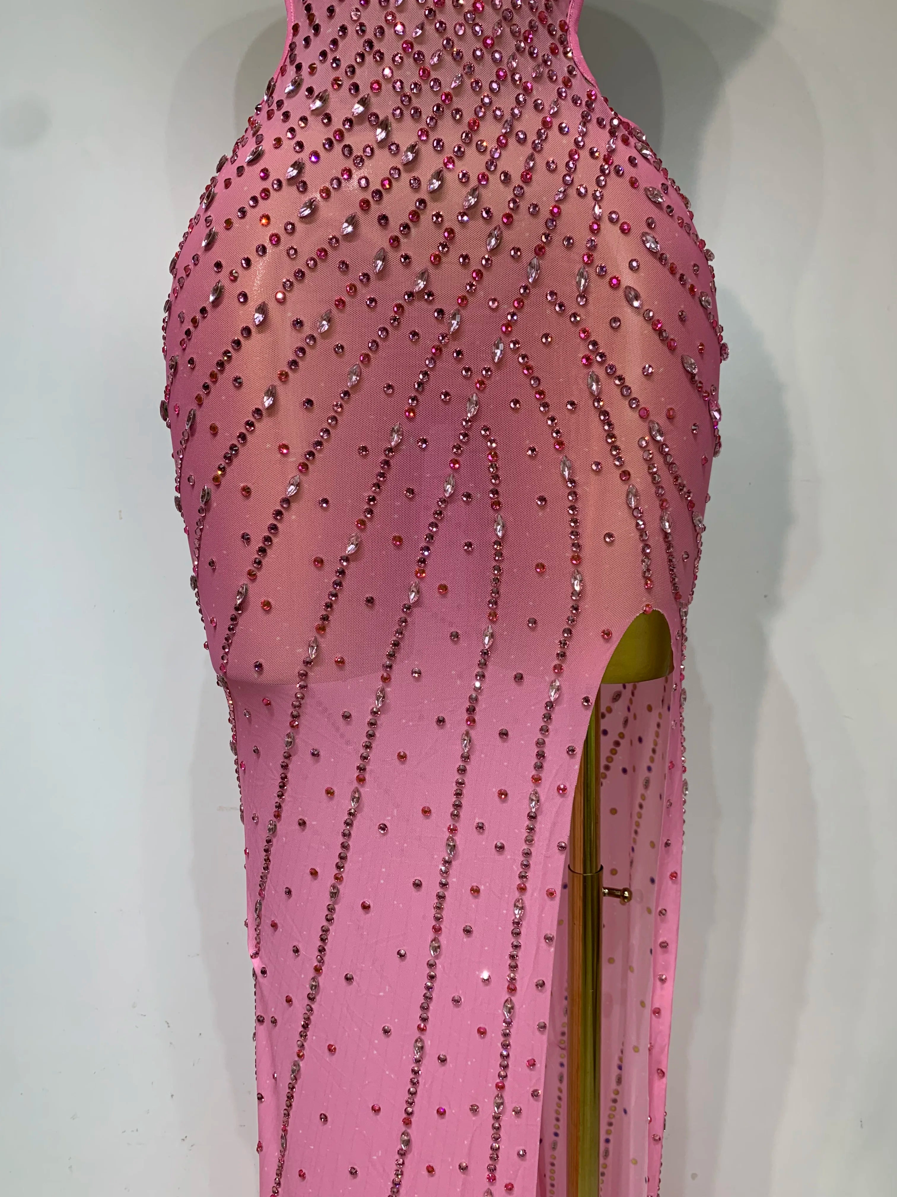 Sparkly Rhinestone Halter Mesh Transparent Dress Birthday Celebrate Evening Party Dress Women Sexy Split Backless Stage Outfit