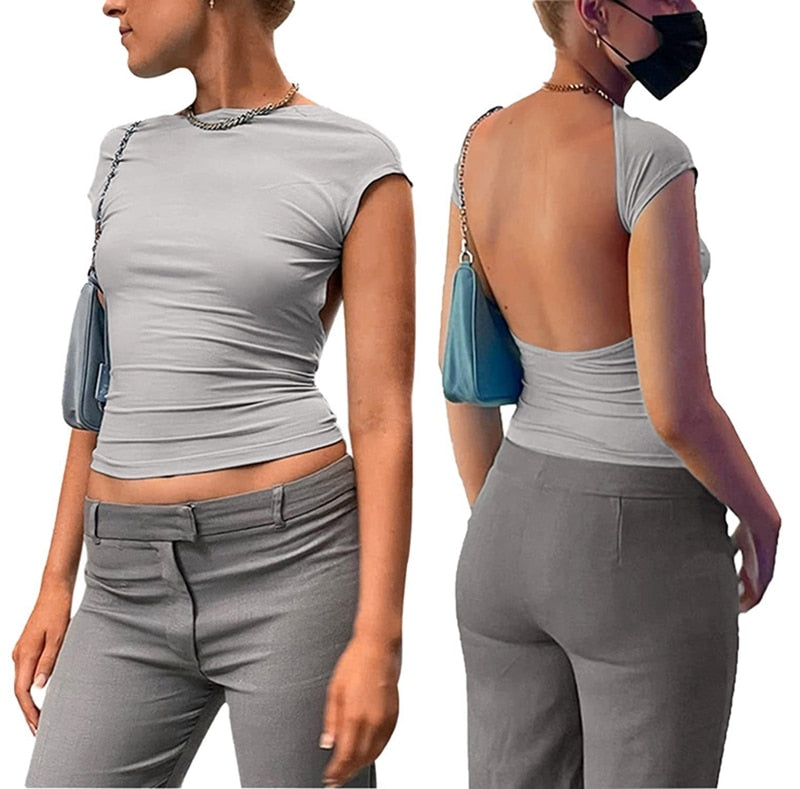 Y2K Sexy Backless Crop Top Women Casual 2023 Summer Short Sleeve O Neck T Shirts Streetwear Fit Slim Pullovers Base Tees T-Shirt