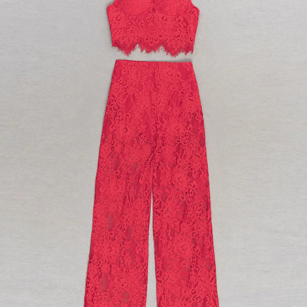 2025 Sexy Women'S Lace Pants Set Spaghetti Strap Sleeveless Backless Ultra Short Vest+Straight Leg Pants Two-Piece Set Red