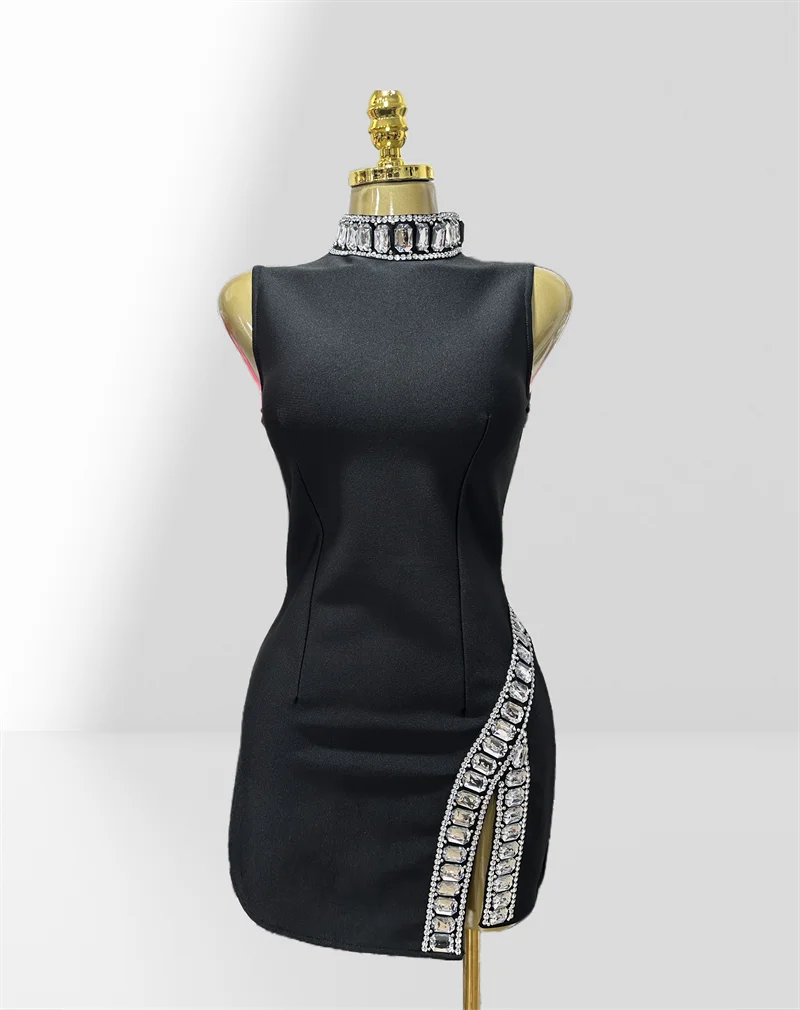 New Summer Super shining Diamonds O-neck Sleeveless Bandage Mini Dress Fashion Woman Birthday Party Dress Music Festival Outfit black