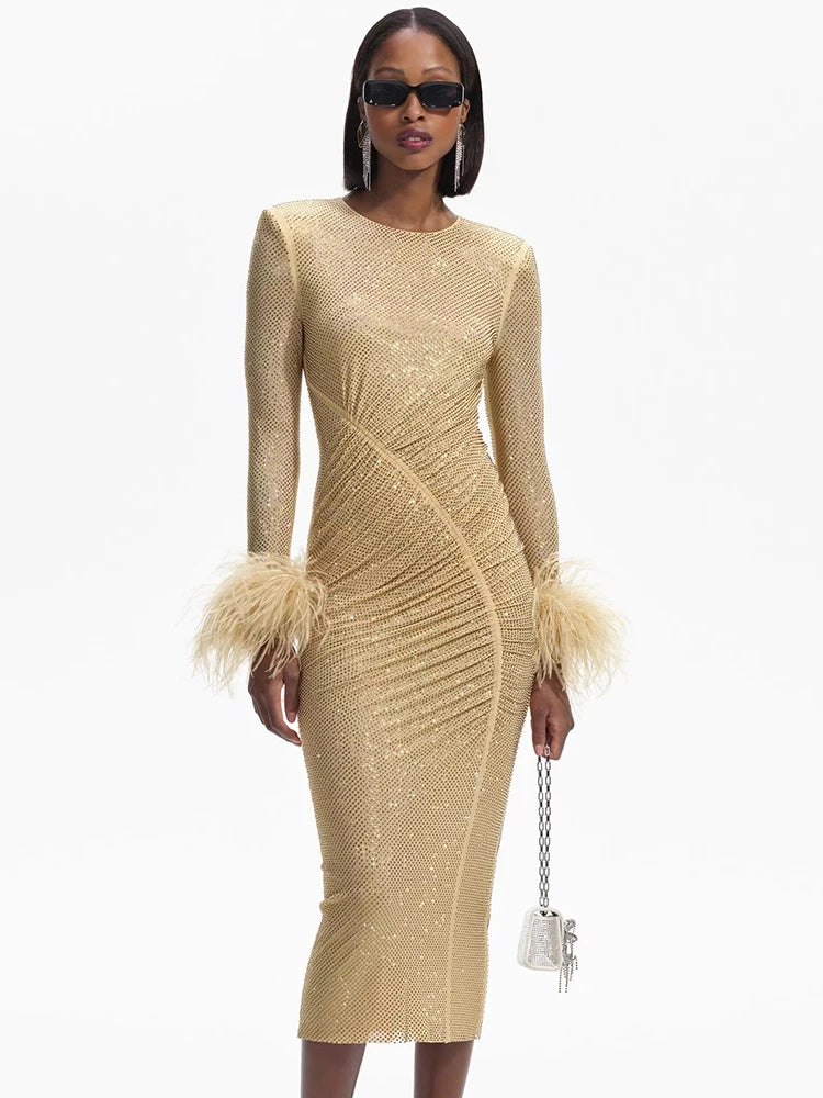 Champagne O Neck Midi Dress Rhinestones Long Sleeves Diamond Feathers Embellished Bodycon Evening Party Gowns