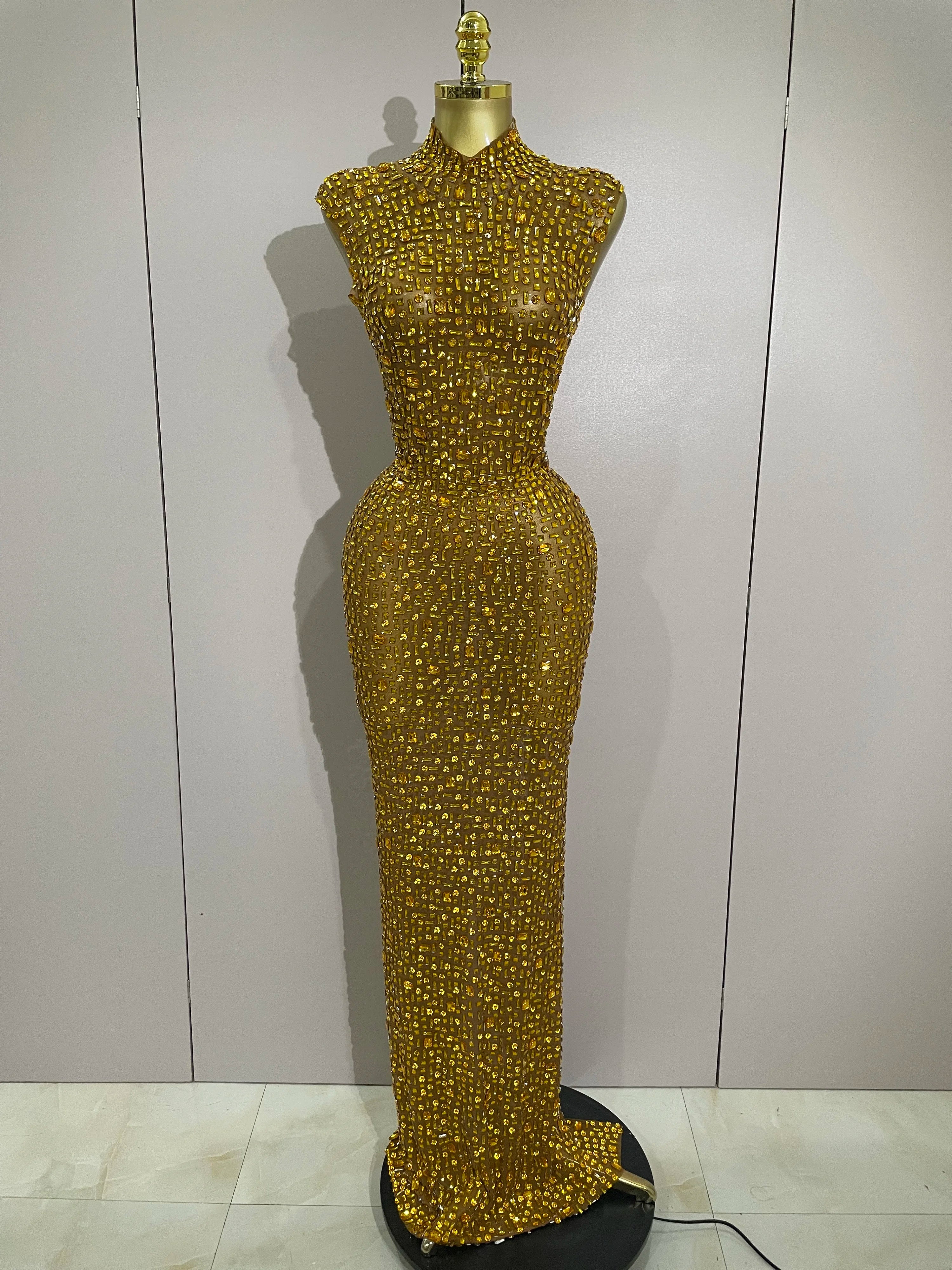 Sexy Sparkly Crystal Diamonds Mesh See Through Long Dress 2025 New Women Elegant Party Costume Singer Stage Performance Outfit Gold