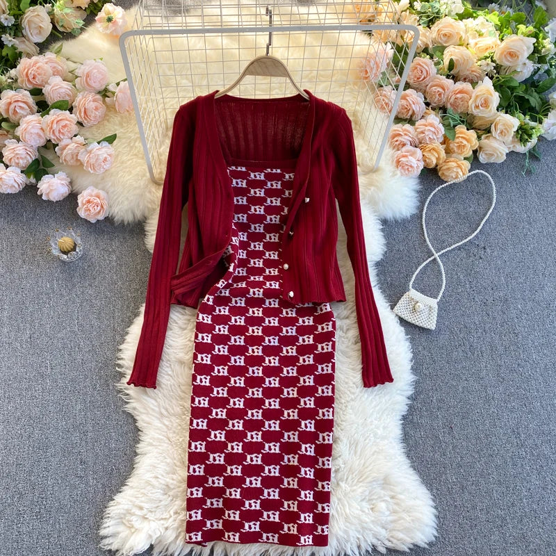 Women Dress Set Spring Autumn Fashion Y2K Knitted Chains Straps Mini Dress + Full Sleeve Cardigans Coats Claret One Size