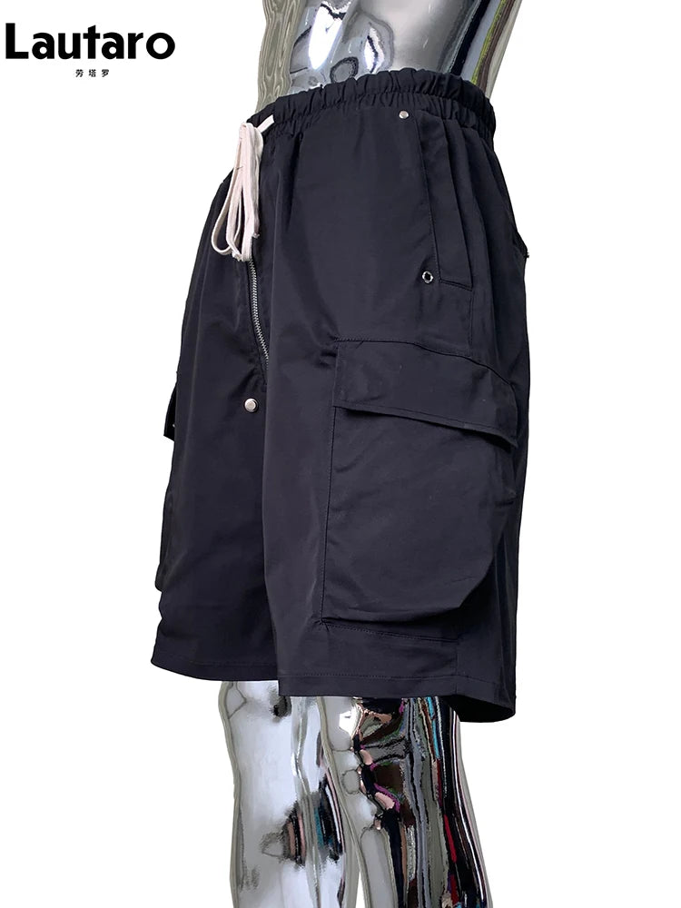 Lautaro Summer Autumn Black Cargo Shorts for Men High Elastic Waist Drawstring Pockets Loose Casual Short Straight Pants Clothes
