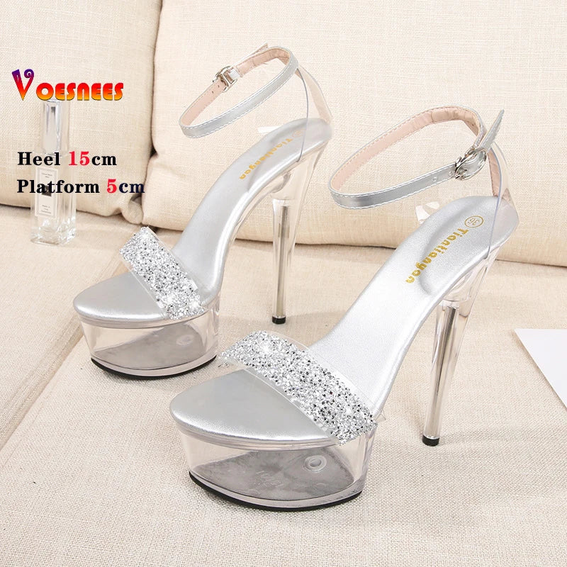 Crystal Women Sandals Clear Heels Shoes with Heel Fashion Platforms High Needle Heel Sandal Stripper Sexy Party Club Stiletto