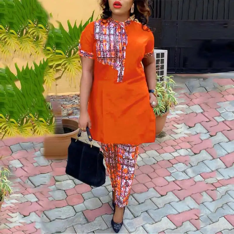 Plus Size VONDA Elegant Women Sets 2024 Office Suits Stand up Short Sleeve Printed Tops Pants Sets Oversized Pants Matching Sets Orange