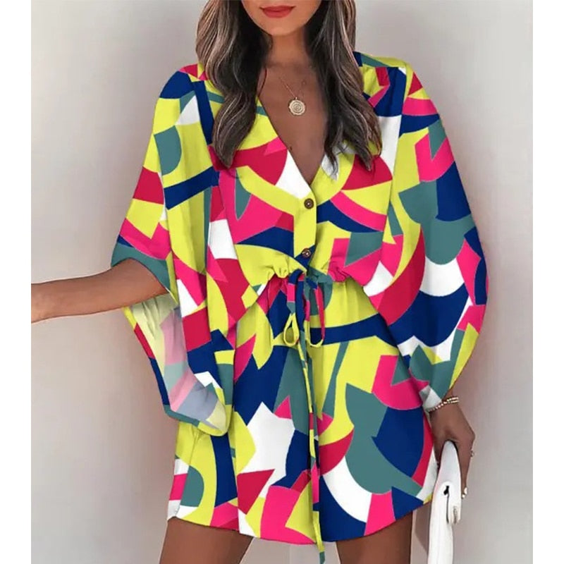 Summer Boho Mini Dress - Flora Print Batwing Sleeve Lace-Up V Neck Loose Button Dresses Ladies Beach Party Dress Vestido style10