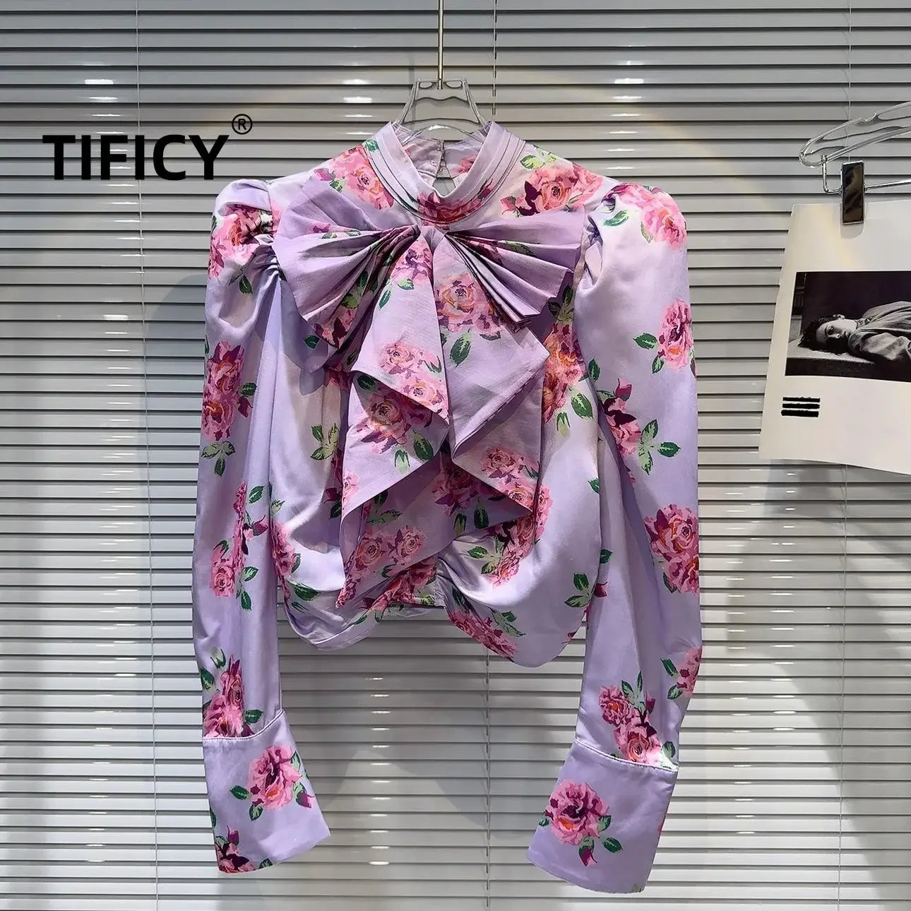 High Street Fashion Blouses Top Women's Autumn New French Socialite Bow Collar Flower Print Bubble Sleeve Shirt Tops Blusa PURPLE
