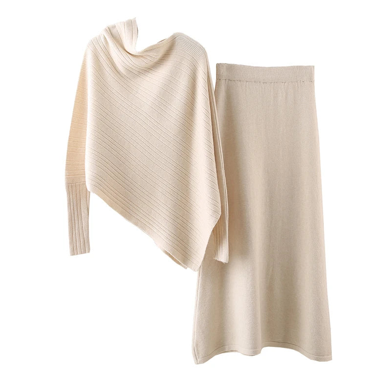Autumn Winter Fashion Style Asymmetrical Batwing Sleeve Loose Knit Cardigan Elastic Waist Skirt Set For Women 11A07541