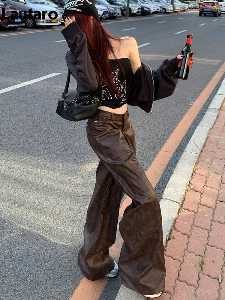 Spring Long Loose Casual Soft Distressed Brown Pu Leather Wide Leg Pants for Women High Waist Korean Style Fashion 2024