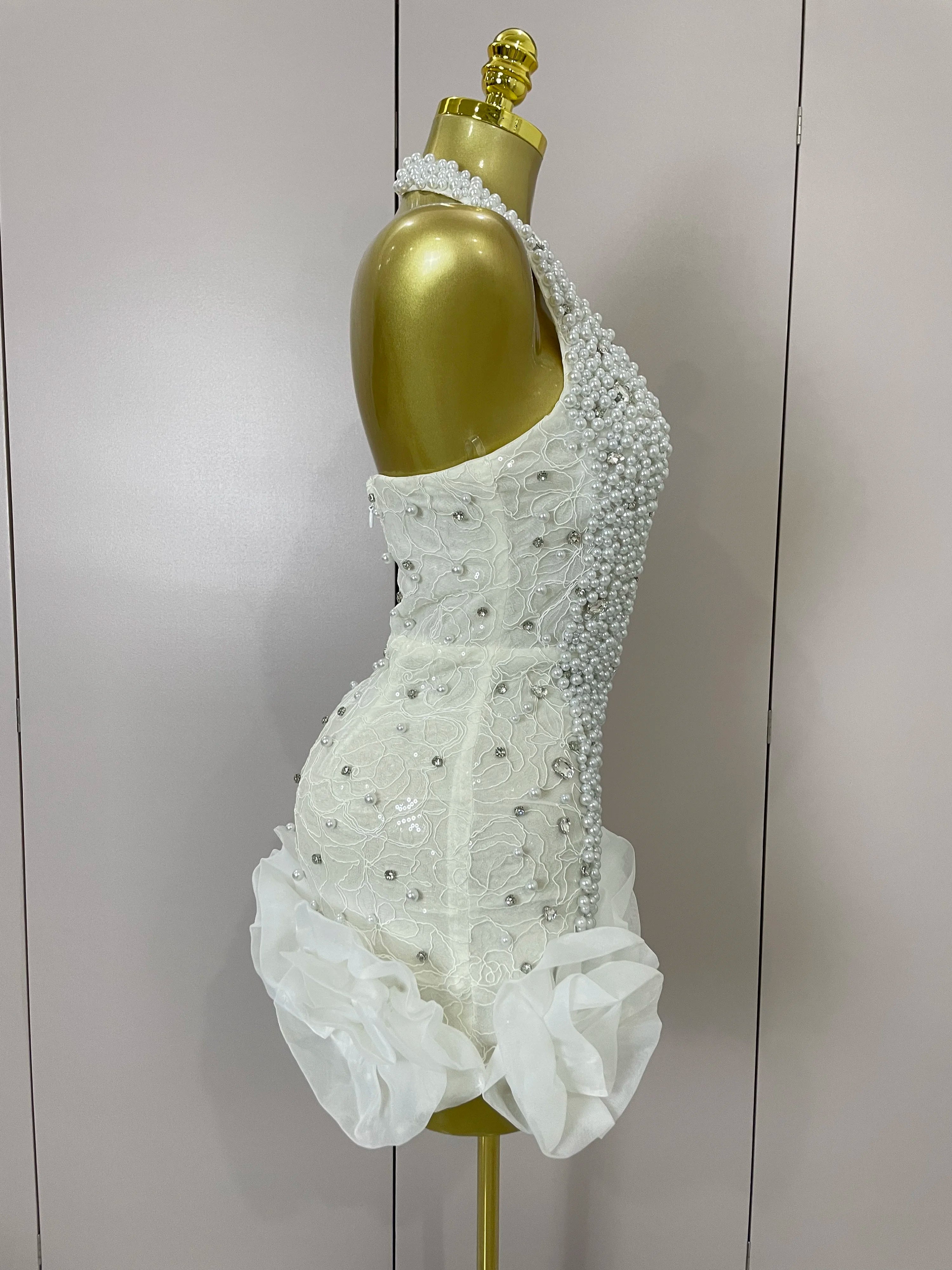 Luxury Shiny Diamonds Pearl Flowers Deep V Halter Short Dress Women Celebrate Eveing Celebrity Birthday Party Dress