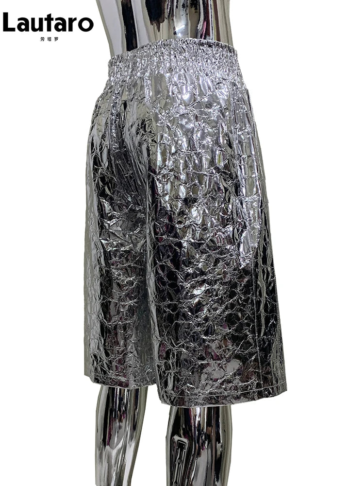 Lautaro Summer Autumn Shiny Silver Faux Leather Shorts for Men with High Elastic Waist Y2K Streetwear Emo European Clothes 2025