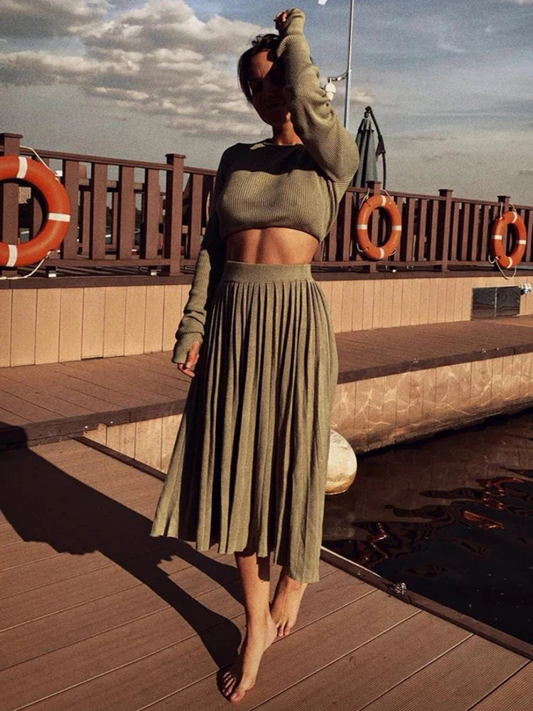 Cryptographic Solid Sexy Sweater Cropped Top Midi Skirt Two Piece Set Women Matching Set Outfits Button Up Split Skirts Winter green