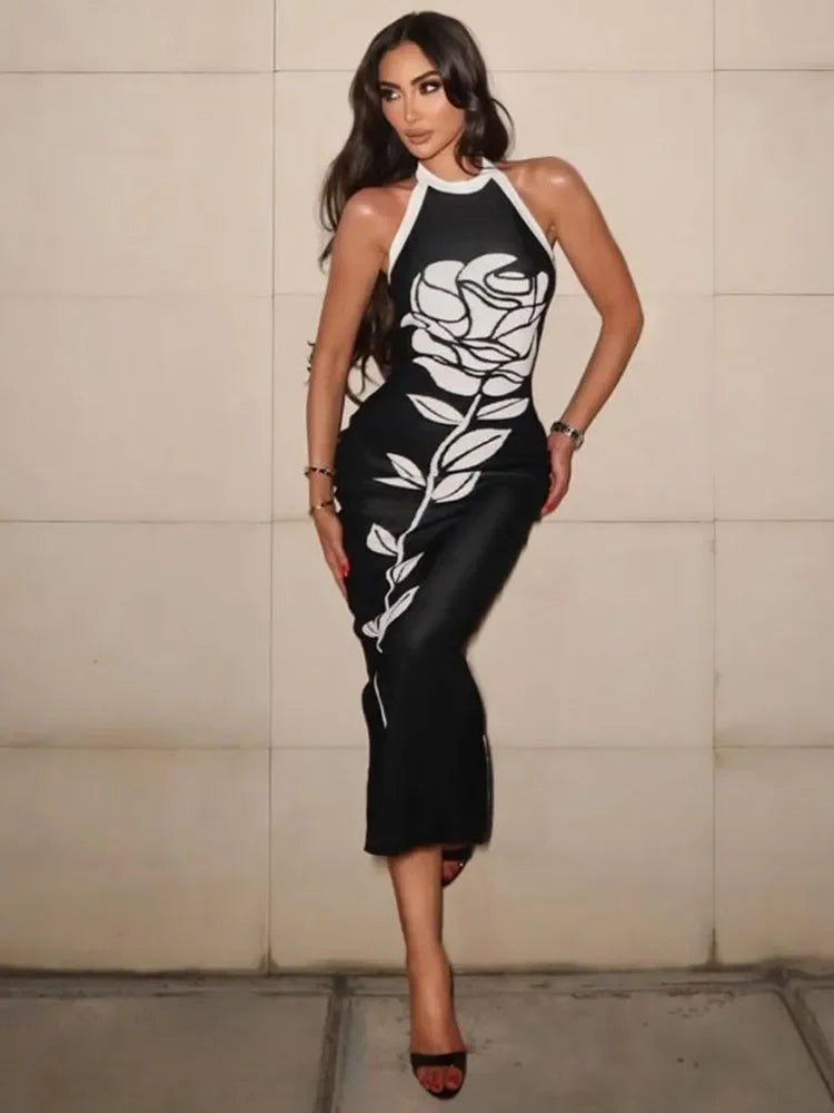 Women Celebrity Sexy Backless Halter Rose Jacquard Black Midi Bodycon Bandage Dress 2024 Elegant Evening Club Party Outfit