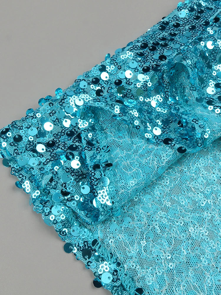 Opulent Cyan Cross Straps Sequin Crystal Detailing Dress for Fashion Galas Party Evening Gown