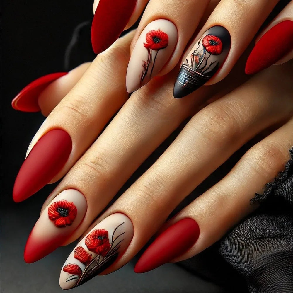 24pcs/set medium long fake nails beautiful rose flowers heart for Valentine's Day Wedding party faux ongles press on false nail 1834
