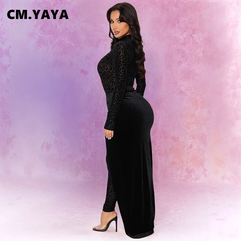 Women's Set Leopard Velvet Long Sleeve Jumpsuits +Long Skirts 2025 Spring Streetwear Sexy Party Two 2 Piece Sets Outfits