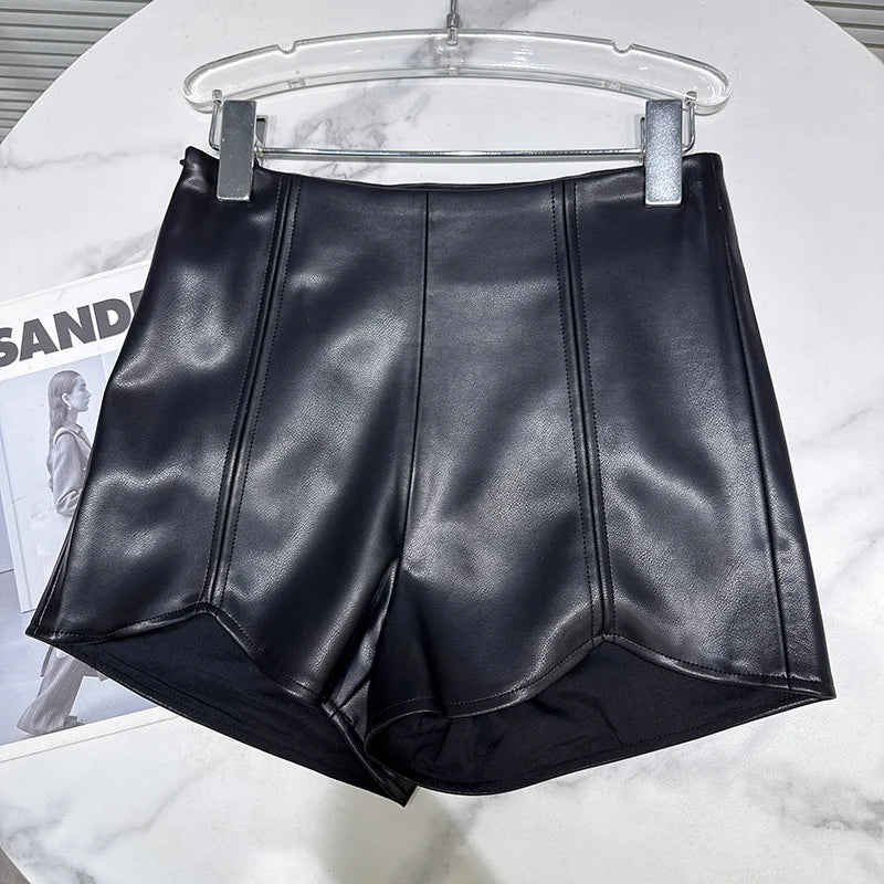 Winter New Fashion Style Stripe Stitching Design PU Leather Shorts For Women Solid Color Short Pants Female 11A07956